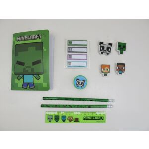 Minecraft írószer készlet, mely tartalmaz jegyzetfüzetet, vonalzót, ceruzákat, radírokat, hegyezőt és öntapadó jegyzeteket Creeper, Steve és Panda mintákkal. - Minecraft