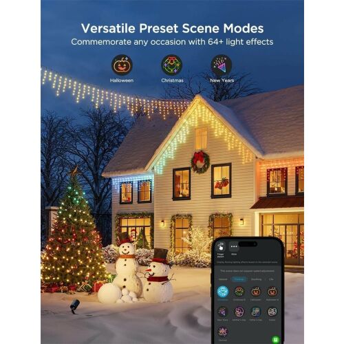 Govee icicle lights decorating a house for Halloween, Christmas and New Year's Eve