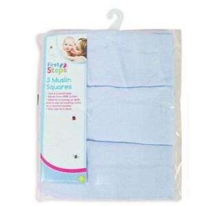 First Steps 3er-Pack blaue Musselin-Quadrate, weiche und saugfähige Babywaschlappen - Mullwindeln