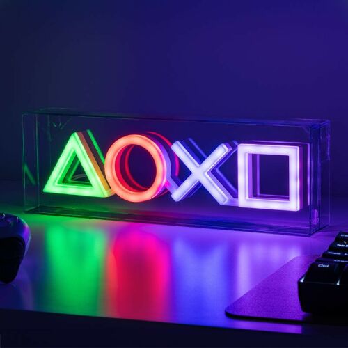Paladone PlayStation LED Icon Light on desk, illuminated