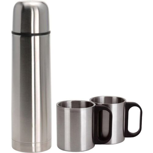 Termos z nerezovej ocele s dvoma hrnčekmi, objem 1 liter, strieborný