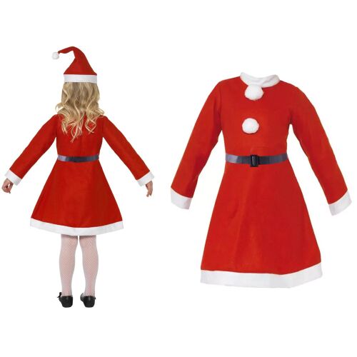 Mikulás jelmez lányoknak, piros Mikulás ruha sapkával és övvel, elölről és hátulról