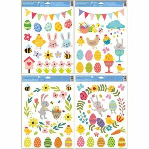 Húsvéti Glitzer-Fensteraufkleberbogen mit Osterhase, Eiern, Küken und floralen Designs. - Ostern Dekoration