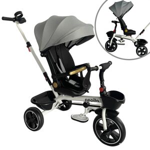 Pepita Fleppy 360° otočný trojkolka s nastaviteľným operadlom, tlačnou rukoväťou a košíkom, sivá - Bábätká & Batoľatá