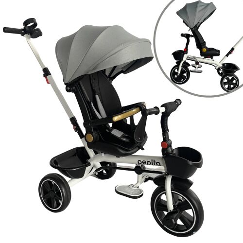 Pepita Fleppy триколка, въртяща се на 360°, с регулируема облегалка, дръжка за бутане и кош, сива