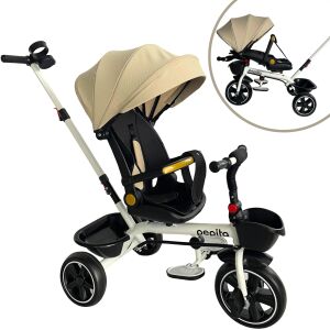 Pepita Fleppy 360° obrotowy trójkołowiec z regulowanym oparciem, rączką do pchania i koszykami, beżowy - Trójkołowiec