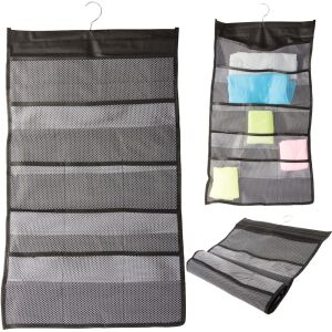 Felakasztható fehérnemű rendező 70x40cm - fekete, több nézet: üresen lóg, fehérneművel lóg, összehajtva. - Gardrób rendszerező