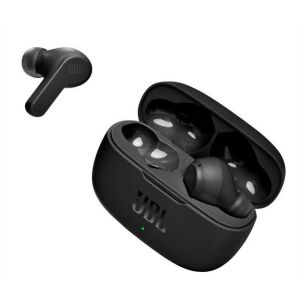 JBL Wave 200TWS black earbuds and charging case angled view - Headphone and Bluetooth Speaker