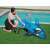 Woman inflating Bestway inflatable dolphin, blue, pool float