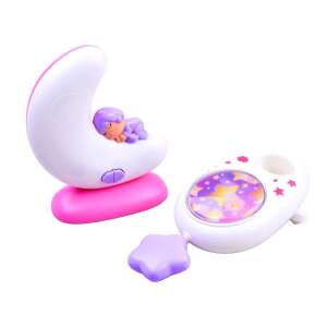 Pink and white moon shaped night light with a baby sleeping on it and a separate musical toy with a star on it - Night Light, Projector