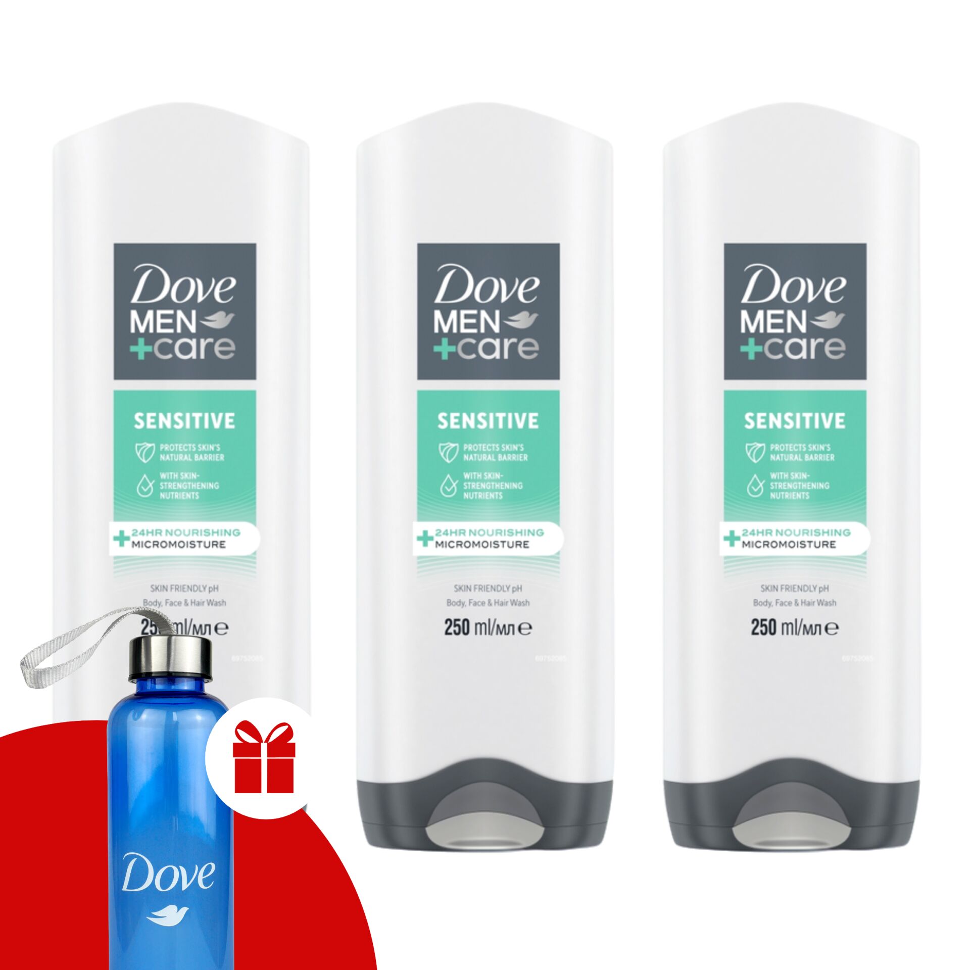 E-shop Dove Men+Care sprchový gél Sensitive 3x250ml + darčeková fľaša Dove