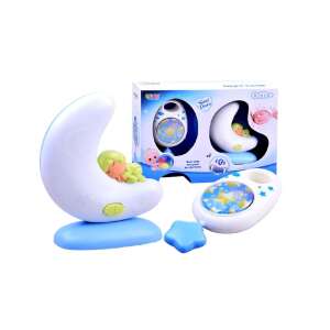 Blue and white moon shaped night light with a baby sleeping on it and a separate star shaped music box, both in a box - Night Light, Projector