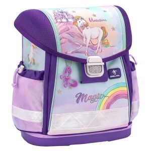 Ергономична раница Rainbow Unicorn, преден изглед, лилава училищна раница с дизайн на еднорог, за момичета, на възраст 6-10 години - Раница