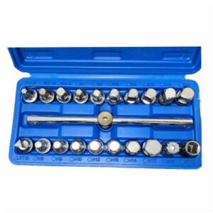 Set de chei cu soclu pentru șuruburi de scurgere a uleiului Haina, 21 de piese, HA-2245, include diverse dimensiuni de socluri pentru scoaterea și instalarea șuruburilor de scurgere a uleiului - Seturi scule