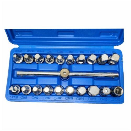 Set de chei cu soclu pentru șuruburi de scurgere a uleiului Haina, 21 de piese, HA-2245, include diverse dimensiuni de socluri pentru scoaterea și instalarea șuruburilor de scurgere a uleiului