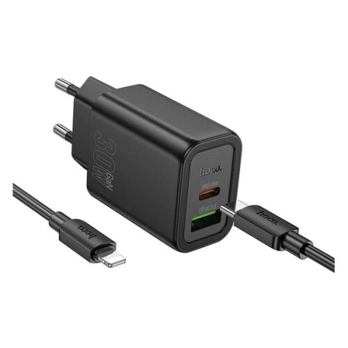 HOCO N63 hálózati töltő USB+Type-C aljzat 30W, PD gyorstöltő 3.0 + lightning kábel, FEKETE 121531101