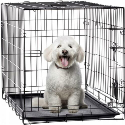 Fekete fém kutyakennel fehér kutyával benne, 76x45x51,5cm