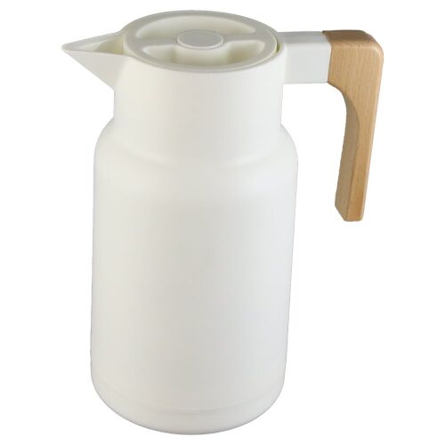 Carafă termică albă cu mâner din lemn, capacitate de 1 litru