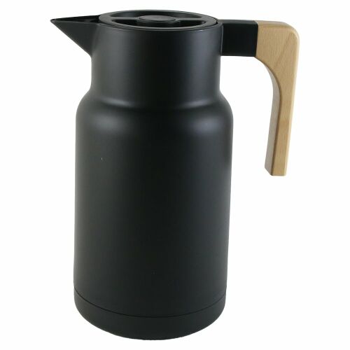 Čierna termoska z nerezovej ocele s drevenou rukoväťou, objem 1 liter