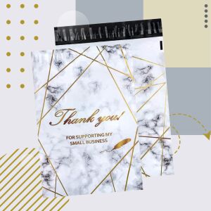 50 sztuk torebek kurierskich o wymiarach 255x370 mm w kolorze złotego marmuru z samoprzylepną zatyczką i napisem 'Dziękuję' - Malatec