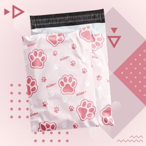 Розови куриерски торбички с отпечатък на лапи, с лепяща лента, 50 броя - Домакински чанти и торбички