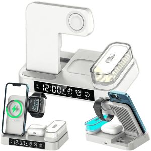 Stație de încărcare wireless Qi 4 în 1 pentru iPhone, Apple Watch, AirPods cu ceas deșteptător și lumină de noapte, vizualizări multiple - Malatec