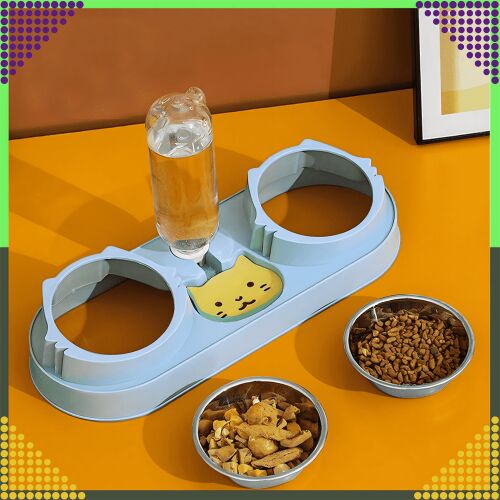 Automata kisállat etető dupla tálakkal és vízadagolóval, kék műanyag talp