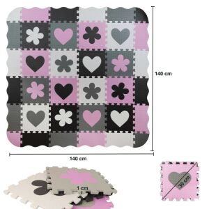 Saltea puzzle din spumă pentru bebeluși, 36 piese, 143x143 cm, roz, gri, negru, model cu inimă și floare - Malatec