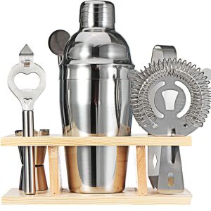 Sada koktailových shakerov s bambusovým stojanom, vrátane shakeru, jiggeru, barovej lyžice, sitka, klieští a otvárača na fľaše - Súpravy na prípravu koktailov