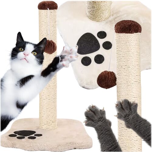 Kollázs egy 43 cm-es macska kaparófáról, macskával játszva és karmolva.