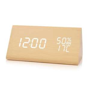 TOO DC-300-LBN hellbraune digitale Uhr mit weißem LED-Display, das Zeit, Luftfeuchtigkeit und Temperatur anzeigt - Innenarchitektur