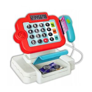 Szupermarket játékkészlet pénztárgéppel és 21 kiegészítővel, világítással, 33x20x14,5cm, kék/piros, kék, kék, kék