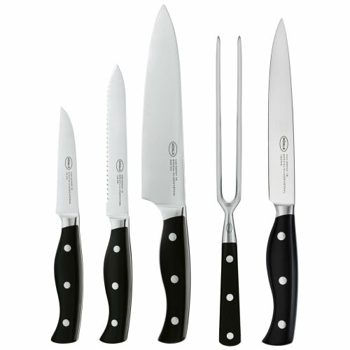 Set cuțite și furculiță Rosle Pura 4 piese, mânere negre, include cuțit de bucătar, cuțit pentru legume, cuțit zimțat, cuțit pentru carne și furculiță pentru grătar