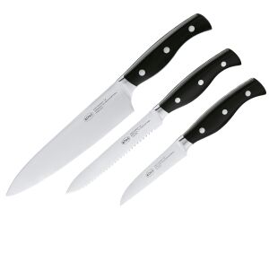 Zestaw noży Rosle Pura 3-częściowy, czarne uchwyty, zawiera nóż szefa kuchni, nóż do obierania i nóż do chleba z ząbkami - Nóż kuchenny