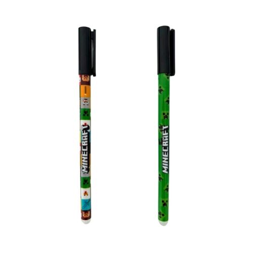 Stilou Minecraft Pixel pachet de 2, cerneală albastră, modele verzi și multicolore, radieră