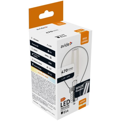 Avide LED Mini Globe Filament Glühbirne, E14, 4.5W, 4000K, Weiß, 470 Lumen