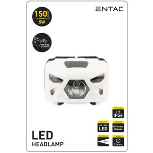 Entac 5W LED Čelovka s pohybovým senzorom, Biela, 150 Lumenov, IP54 Vodotesná, 5 Hodín Prevádzky - Entac