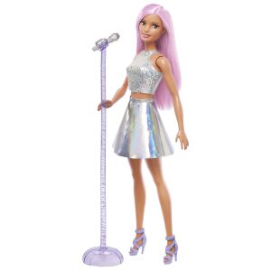 Lalka Barbie Pop Star ze statywem mikrofonowym, fioletowymi włosami i srebrnym strojem - Mattel Baba