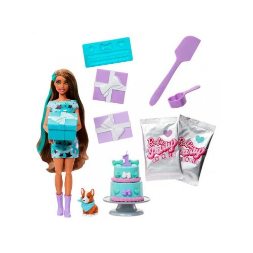 Barbie Party Reveal Puppe mit Corgi, Kuchen und Zubehör