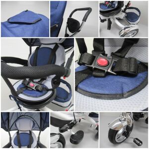 Tricikli Szülőkarral Farmer Kék részletek kollázs - felfújható kerekek, szülői kar, biztonsági öv - R-Sport