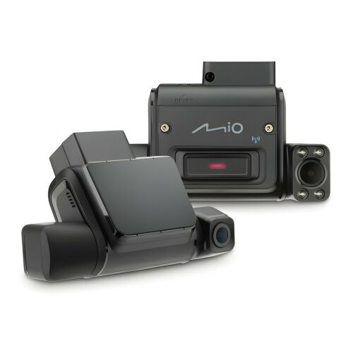 MIO MiSentry 12T Dual-Dashcam, Front- und Rückansicht, schwarz, Collage