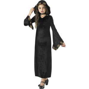 Vámpírkirálynő jelmez lányoknak, fekete bársony ruha arany szegéllyel és kapucnival - Rubie's