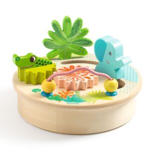 Активен център Djeco Mini MultiSmall, дървена играчка за бебета с крокодил, слон, зъбни колела и мъниста - Бебе & Малко дете