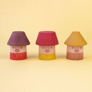 Jucărie de stivuire din lemn Londji The Three Little Pigs, cu trei case colorate cu fețe de porc - Joc de construcție din lemn
