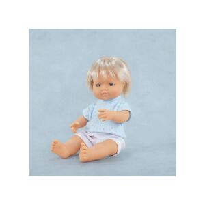 My Friends and Me 38 cm szőke fiú baba kék pólóval és fehér rövidnadrággal - Miniland