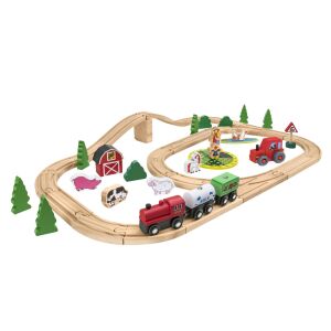 Drevená železničná súprava s koľajnicami, 2 lokomotívami, 1 vagónom, zvieratami z farmy, stromami a doplnkami, 47 dielov, SirWood - Vlak, železničný prvok, diaľnica