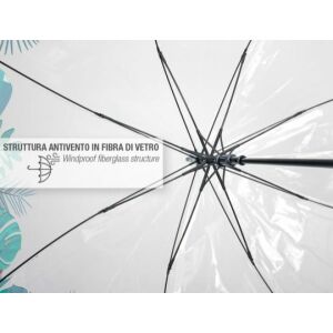 Perletti automata női esernyő levél mintával, szélálló üvegszálas szerkezettel, átlátszó kupola, nyitott nézet - Perletti