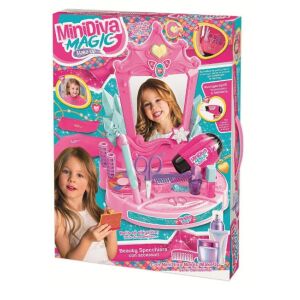 Beauty-Set für Mädchen, Tisch mit Spiegel und Haar- und Make-up-Accessoires, batteriebetriebener Haartrockner, Spiegel mit Beleuchtung, Mini-Make-up-Set, Haarglätter