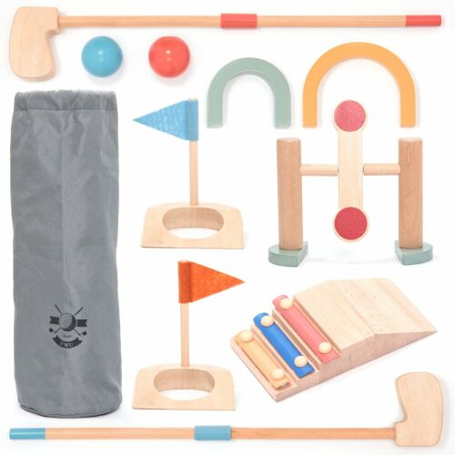 Minigolf-Set für Kinder und Erwachsene, aus Holz, mit 10 Teilen, einschließlich Schläger, Bälle, Flaggen und Hindernisse