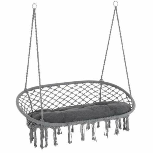 Pepita gray macrame double hanging chair with cushion, angled view